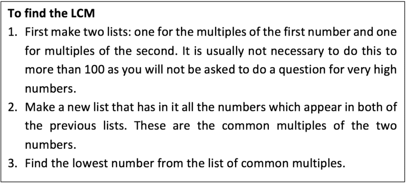 Factors and multiples Find the lowest common multiple